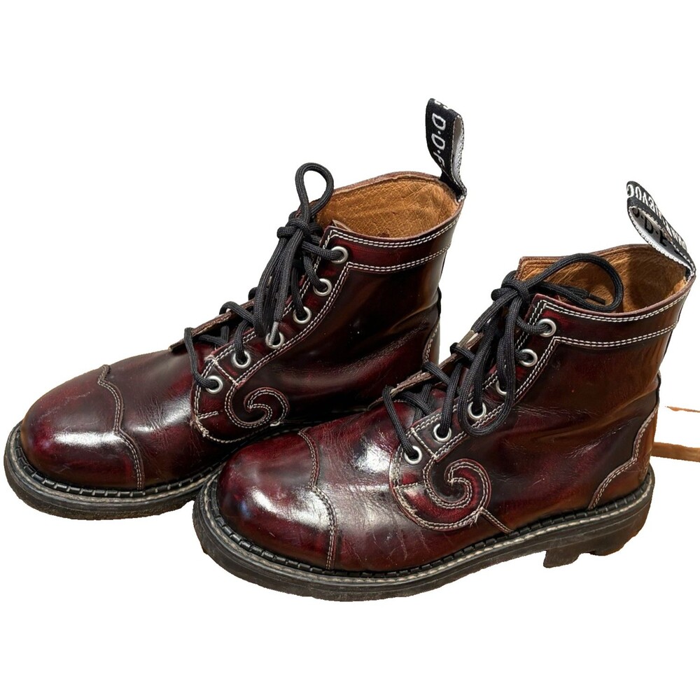 John Fluevog 7th Heaven Derby Swirl Womens 7 Mens 5.5 Burgundy Rub Off Boots Y2K
